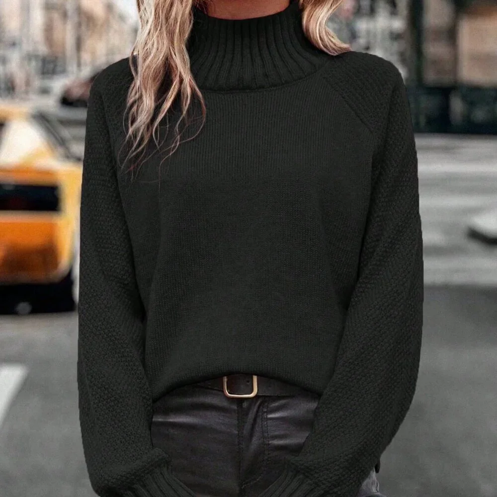 Black Casual Women's Turtleneck Raglan Sleeve Sweater